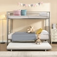 thumbnail image 2 of Twin Over Twin Metal Bunk Beds with Trundle Bed, UHOMEPRO Heavy Duty Bunkbed with Safety Guard Rails, 2 Ladders, Durable Bunk Beds Twin Over Twin Size for Kids Teens, Dorm Room Bedroom, Silver, 2 of 12
