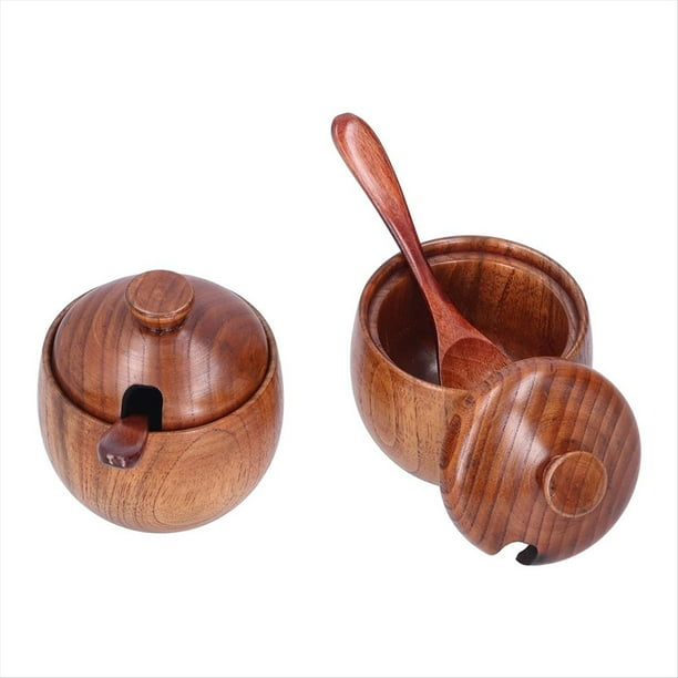 2 Uds. Cuenco de Madera para Salero, Recipiente para Sal, Tarro para , Salero y Pimentero, Caja de Condimentos para Cocina, Madera Natural, Marrón Oscuro