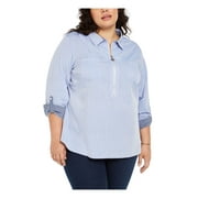 TOMMY HILFIGER Womens Blue Polka Dot Cuffed Sleeve Zip Neck Top Plus 1X