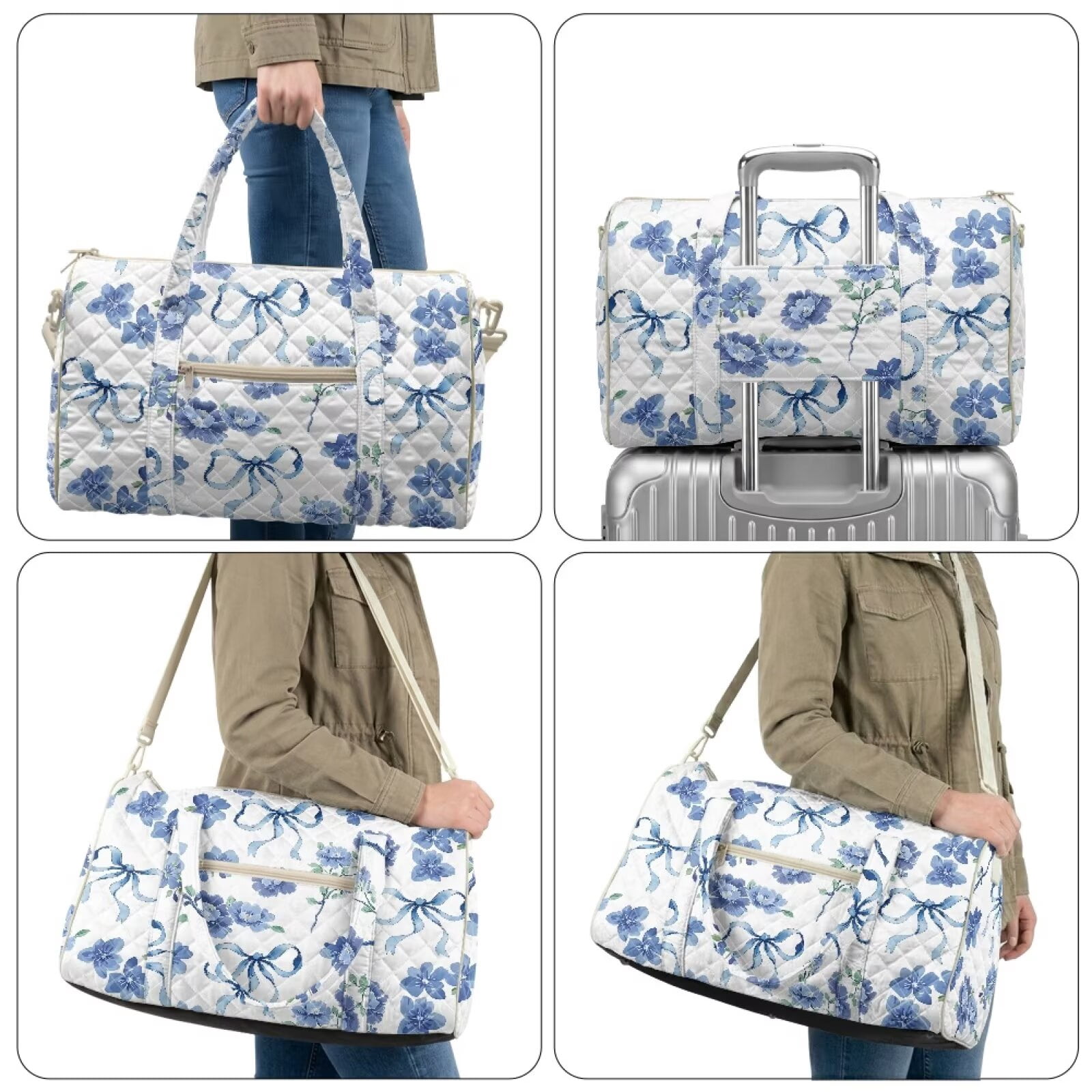 Garronmavis Blue Floral Bow Quilted Large Duffel Bag for Women, Carry On Weekender Bag Overnight Travel Bag with Luggage Sleeve, Adjustable Shoulder Strap