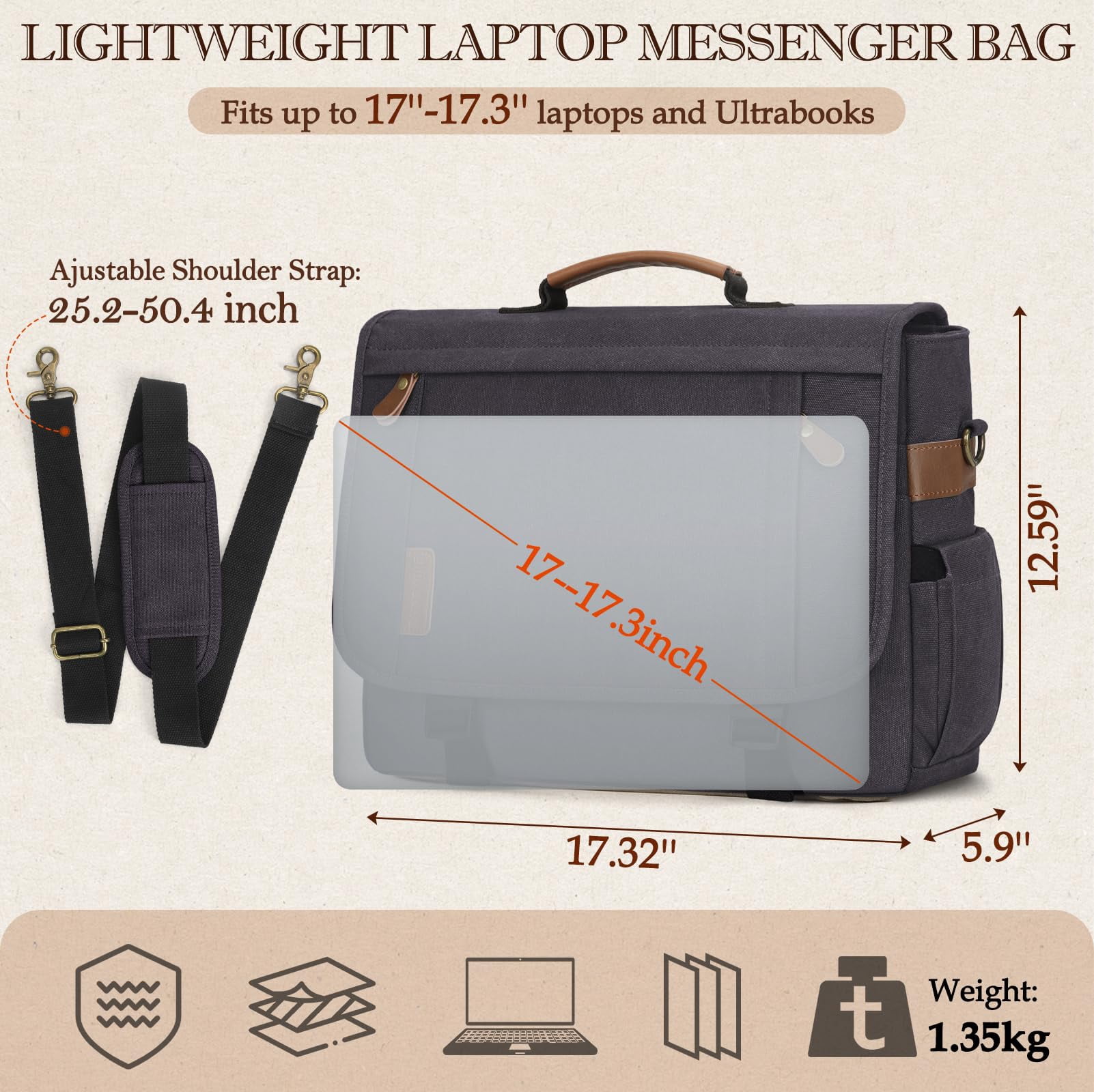 RAINSMORE Messenger Bag for Men 17-17.3 Inch Laptop Bag Water-resistant Canvas Computer Shoulder Bag Office Work Briefcase Large Casual Satchel Bags for Men Bookbag for College,Gray