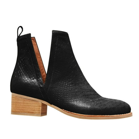 

Dellytop Women s V Cut Low Stacked Heel Closed Toe Slip-on Faux Leather Western Ankle Booties