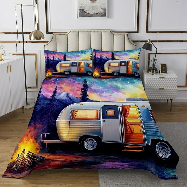 Erosebridal Happy Camping Quilt Sets for King Size Bed, Camper RV Car Bed Set, Aurora Decor, 3-Piece