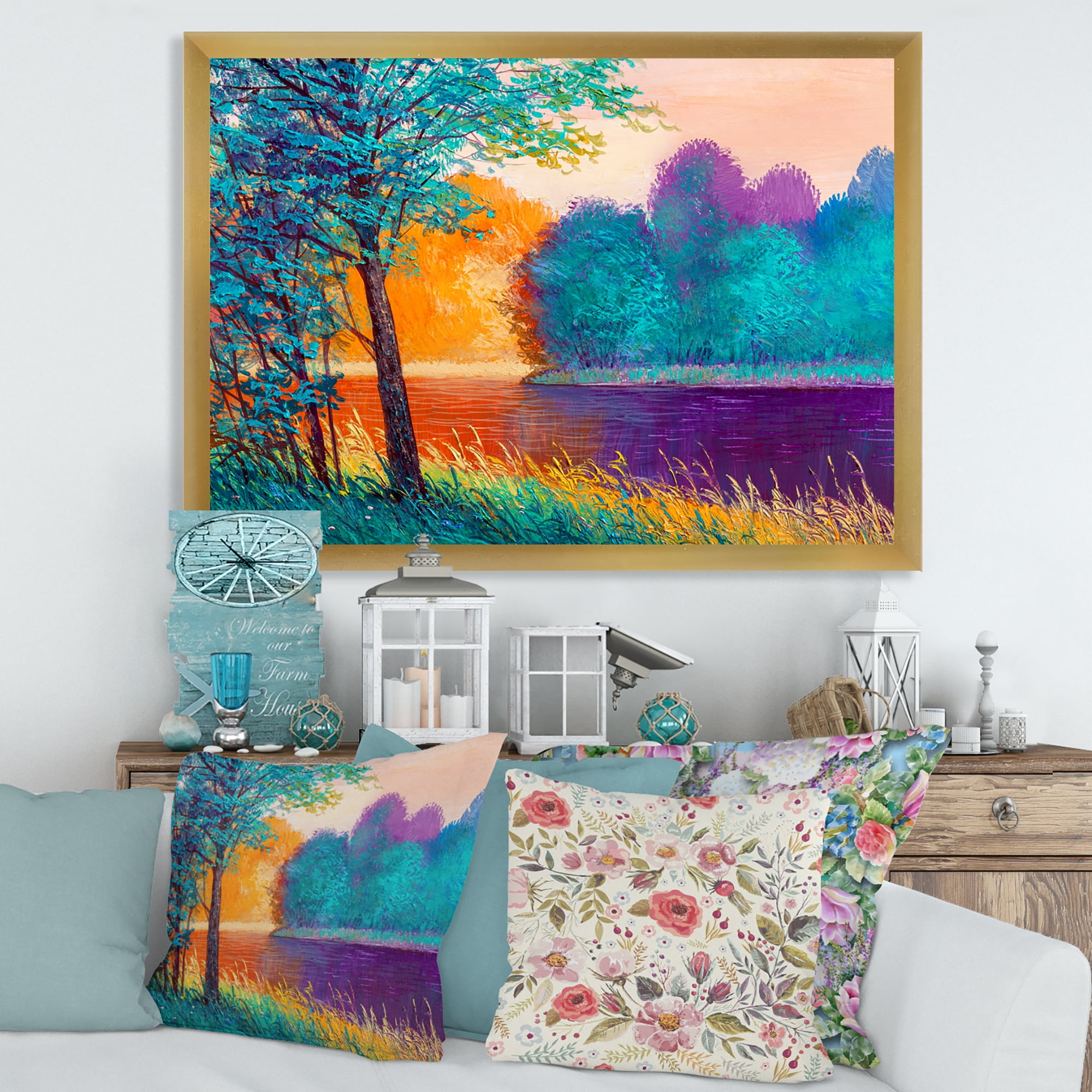 Colorful Trees During Twilight Along River 40 in x 30 in Framed Painting Canvas Art Print, by Designart