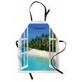 thumbnail image 1 of Ocean Apron, Paradise Island View from Wooden Gazebo Window Palm Tree Sandy Beach Picture, Unisex Kitchen Bib with Adjustable Neck for Cooking Gardening, Adult Size, White Green Blue, by Ambesonne, 1 of 4