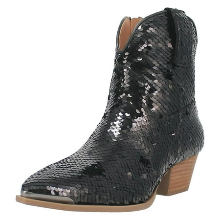 YDN Women Womens Sequins Closed Toe Ankle Booties Block Low Heel Side Zip Western Boots Sparkle Fall Weather Dress Shoes Size 8 Black