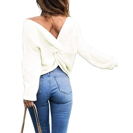 Alpaca V-neck Pullover - Women's Casual V Neck Criss Cross Backless Long Batwing Sleeve Loose Knitted Sweater Pullovers