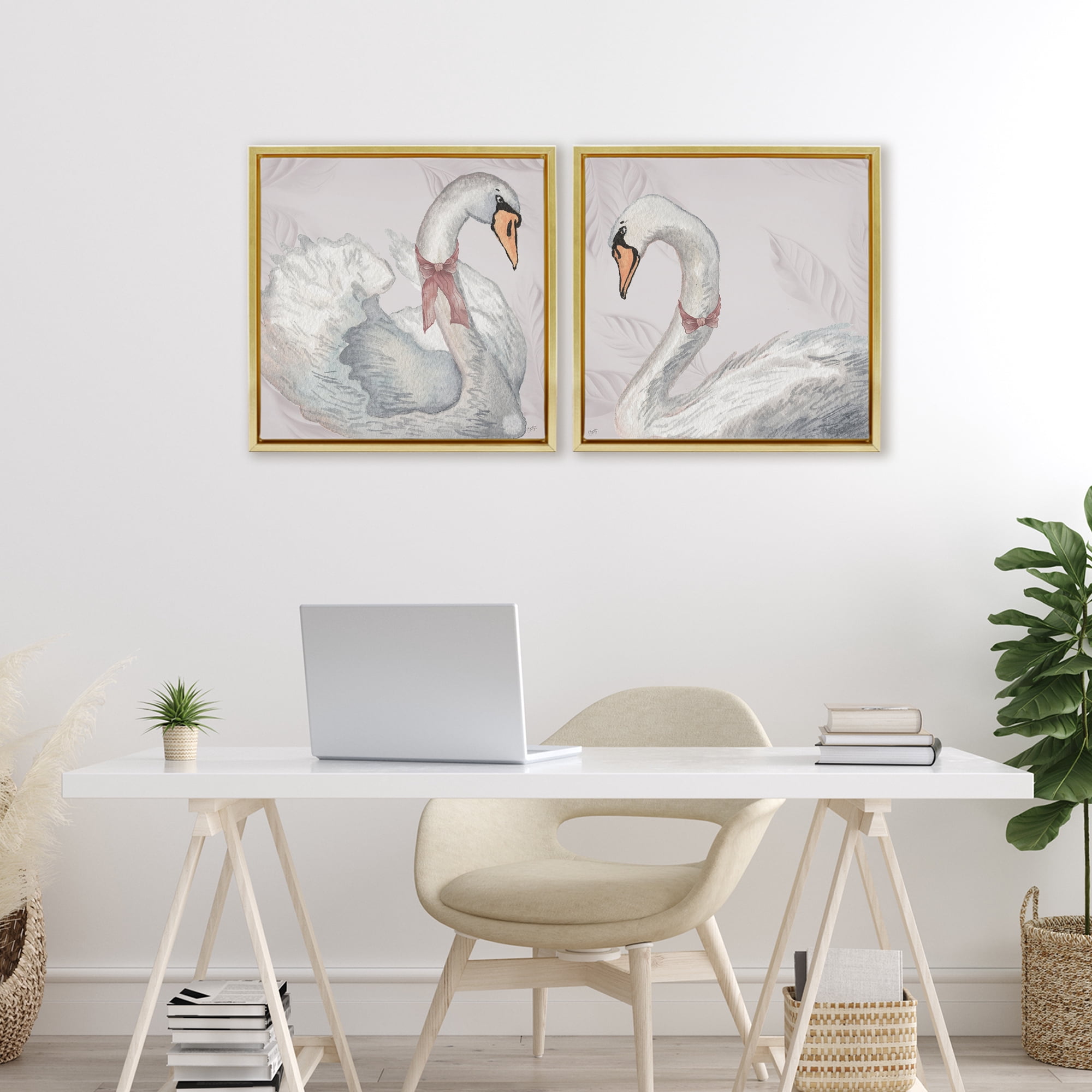 Stupell Industries Classic & Elegant Swans 2 Piece Gold Framed Floater Canvas Set, design by Elizabeth Medley