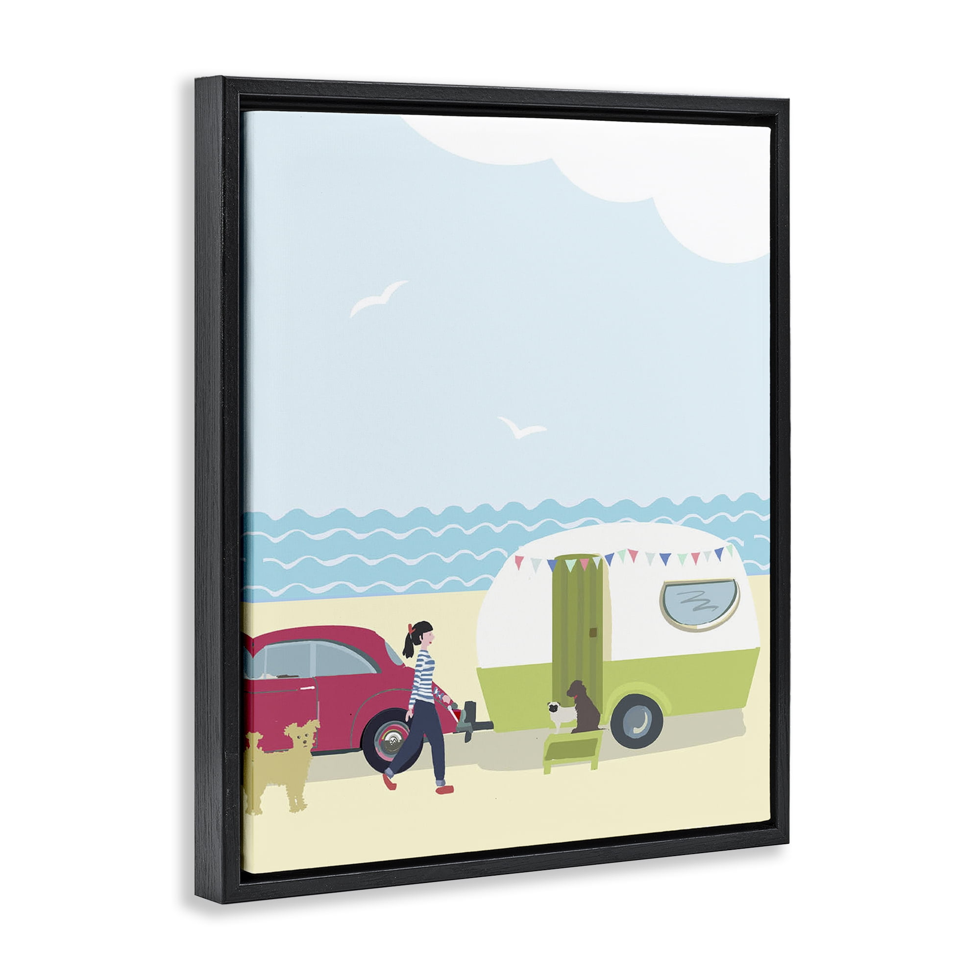 Stupell Industries Beach Day with Dogs Nautical & Beach Painting Black Floater Framed Canvas Art Print Wall Art, 25 x 31