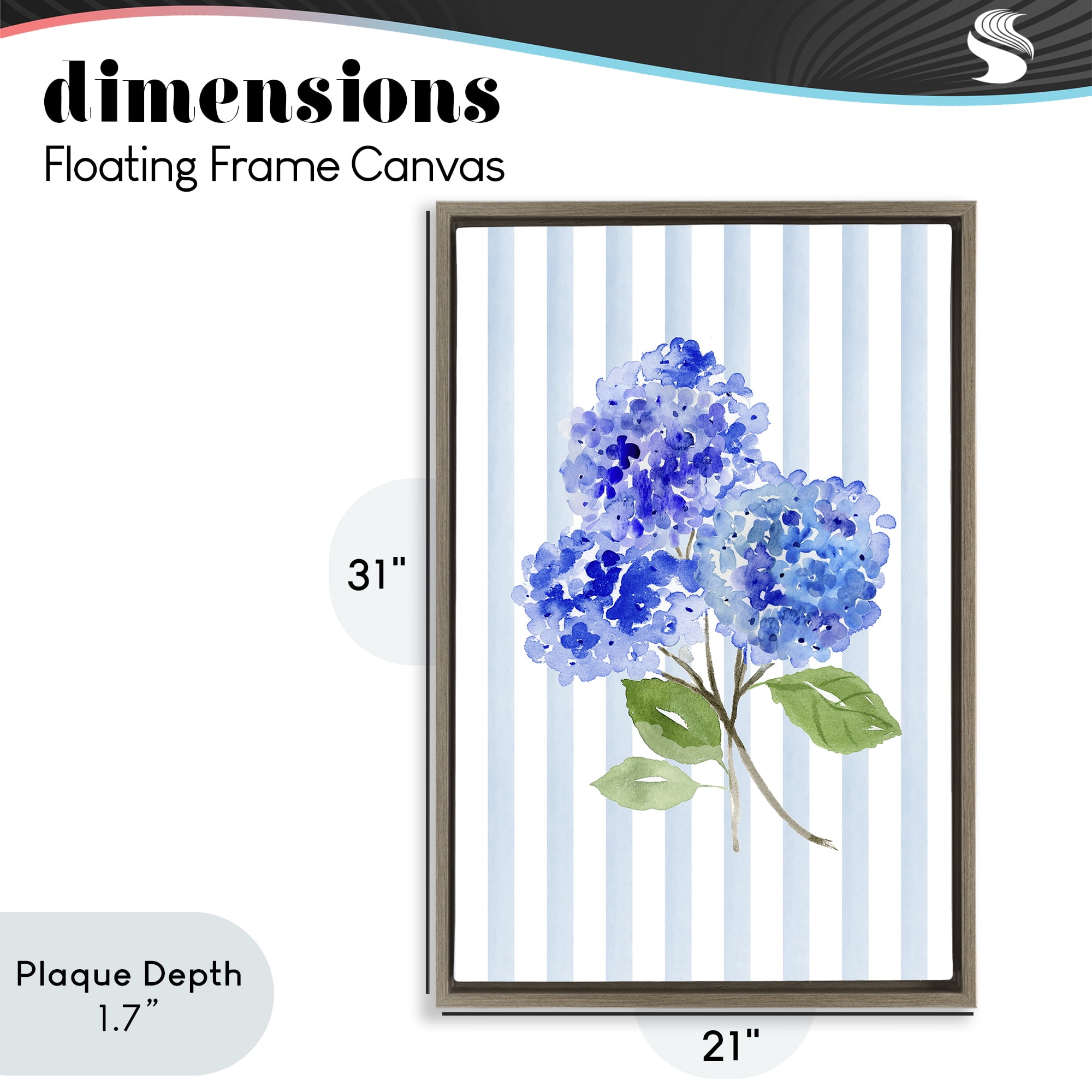 Stupell Industries Blue Hydrangeas over Stripes Brown Framed Floater Canvas Wall Art, design by Corinne Haig