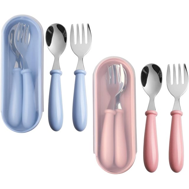 Toddler Flatware Forks and Spoons, Stainless Steel Baby Utensils Baby Silverware Set with Storage Box, Toddler Food Feeding Tableware
