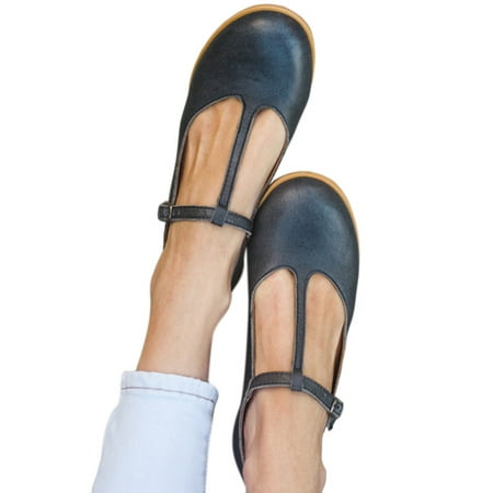 

SIMANLAN Women Comfortable Pumps Casual T-strap Ballet Flat Work Round Toe Shoes Black 7.5