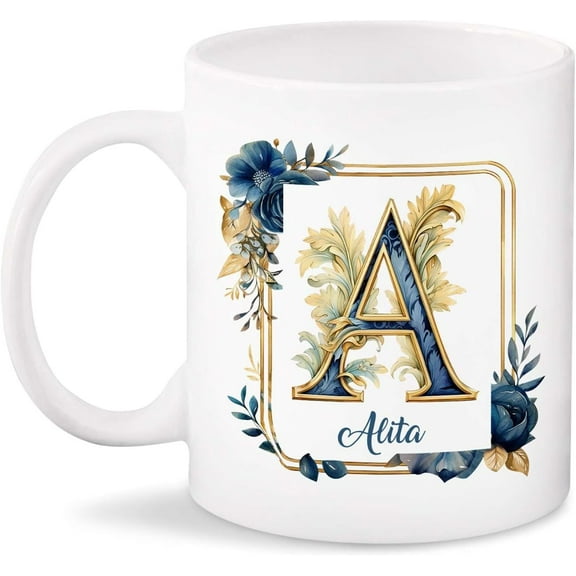 Letter A With Floral Frame Coffee Mugs, Personalized Floral Alphabet Mugs With Name, Floral Monogram Initial Mugs, White Ceramic Tea Cups, Letter Coffee Mugs, Flower Girl Cups 11OZ