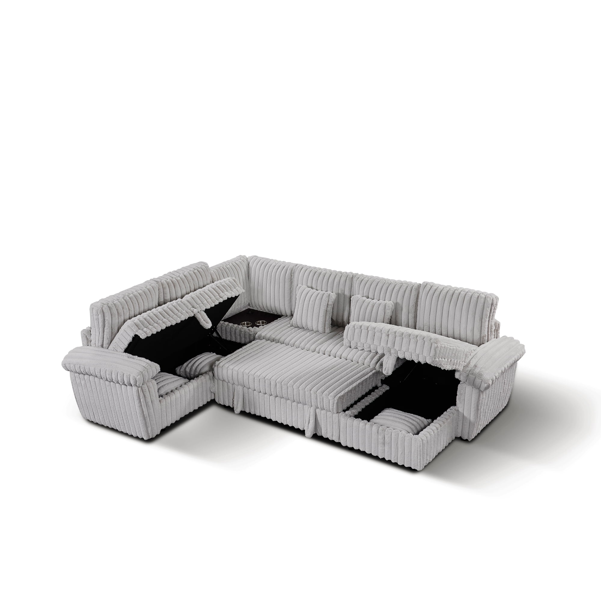 103" U-Shaped Corduroy Sectional Sofa with Pull-Out Sleeper Bed and Storage Chaise, Soft Plush Modular Sofa Couch with Corner Table with Cup Holders and USB Port for Living Room