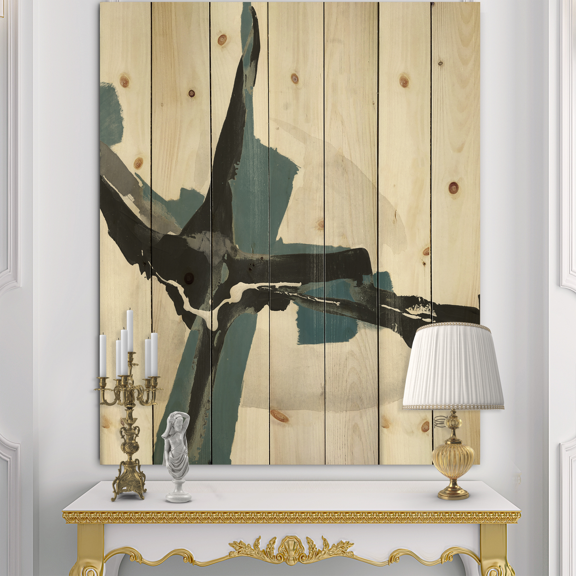 Designart 'Abstract Glam Cerulean I' Transitional Print on Natural Pine Wood