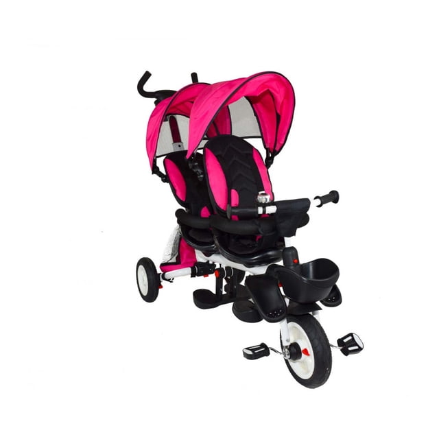 Triciclo The Baby Shop JE-TC0010 Doble para Niños 2 Asientos Giratorios Rosa - Bastón Dirigible