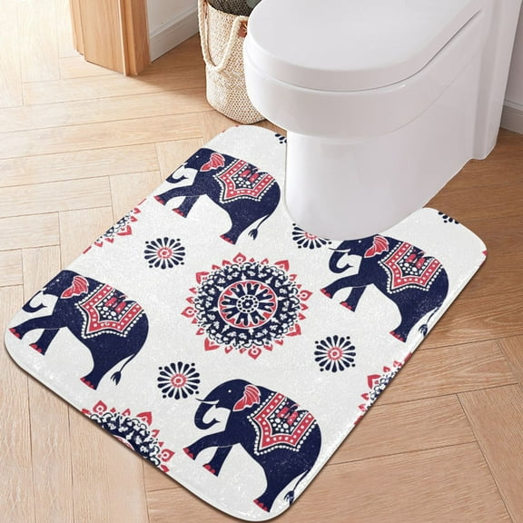Toilet Rug U-Shaped Bathroom Rugs Non-Slip Soft Plush Machine Washable Contour Bath Mat Traditional Indian Elephant 24x20