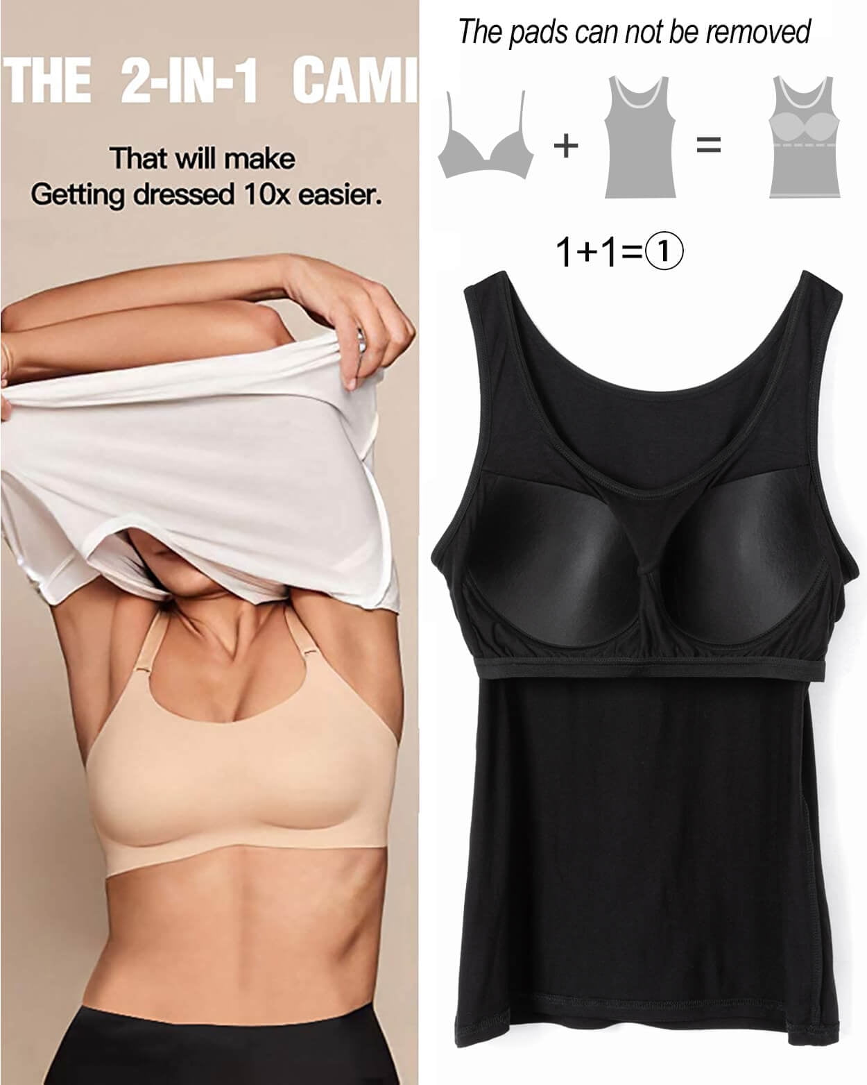 Vaslanda Tank Tops for Women Basic Camisole with Built in Bra Casual Wide  Strap Sleeveless Layer Top for Summer