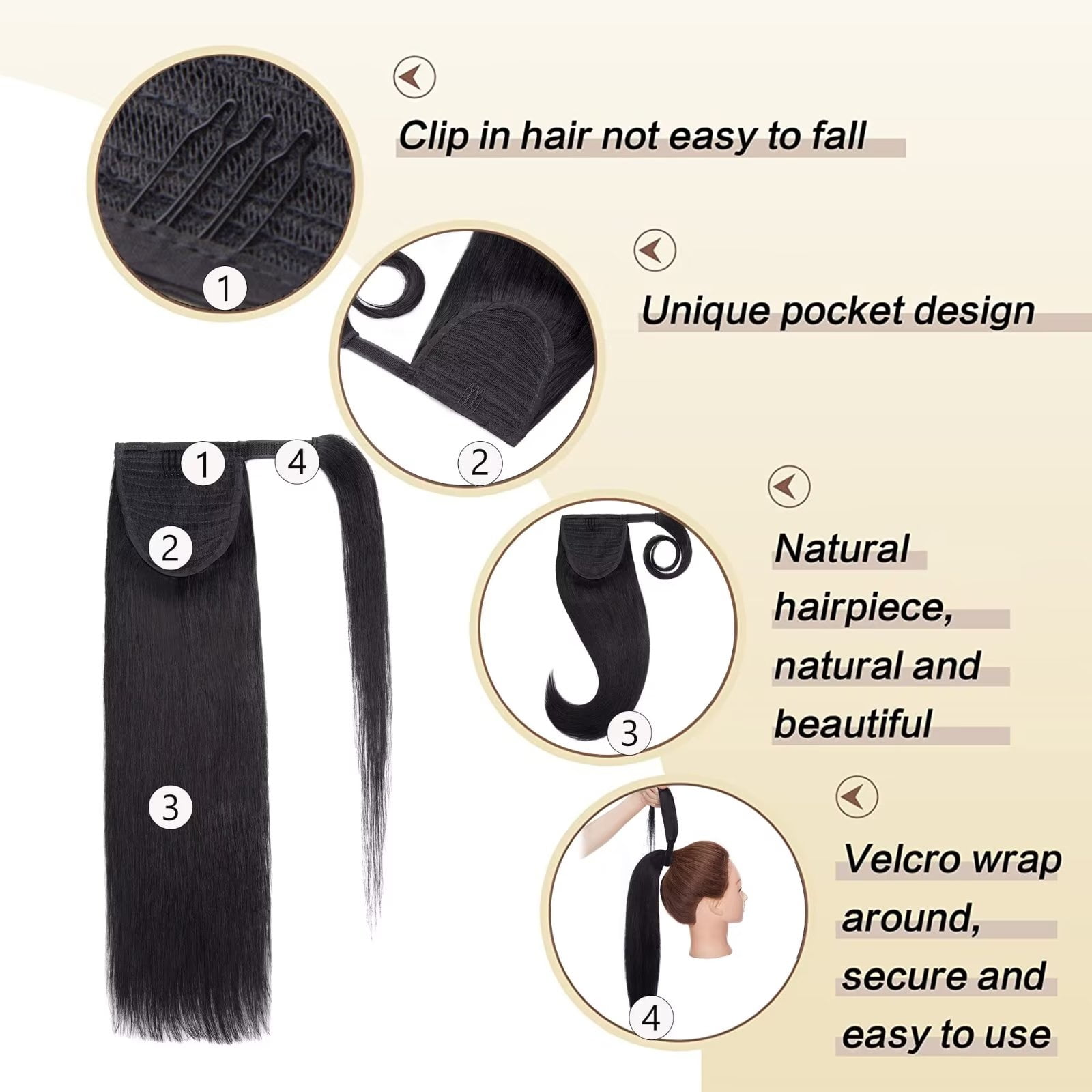 MY-LADY Remy Human Hair Extensions Ponytail Magic Paste Extensions Hair Wrap Around Ponytail Hair Piece Clip in Straight 16inch #01 Jet Black