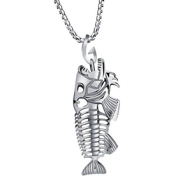 Collar para mujer, joyería para mujer, joyería para mujer, colgante de acero inoxidable con esqueleto de pez y anzuelo de pesca, cadena de surfista, collar, suéter