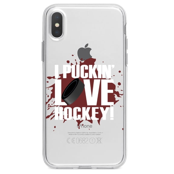 DistinctInk Clear Shockproof Hybrid Case for iPhone XR (6.1" Screen) - TPU Bumper Acrylic Back Tempered Glass Screen Protector - I Puckin' Love Hockey