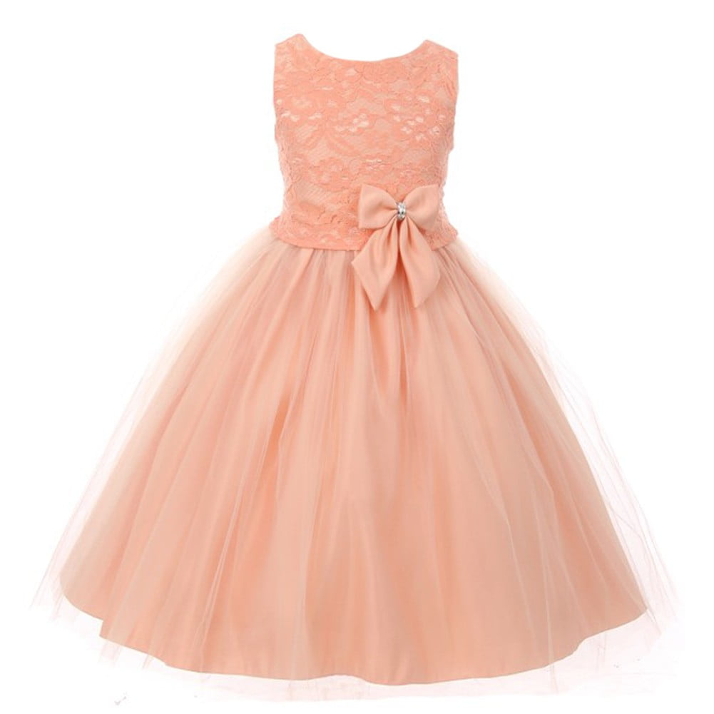 Girls Peach Dull Satin Lace Tulle Overlaid Junior Bridesmaid Dress