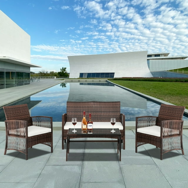 4 Piece Wicker Patio Set, Outdoor Patio Furniture Sets with Glass Dining Table, Loveseat & 2 Cushioned Chairs, Brown Conversation Sets with Coffee Table for Backyard, Porch, Garden, Poolside, L3109