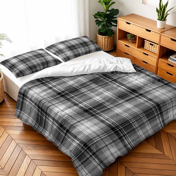 Queen Size 3 Pieces Duvet Cover Sets Farmhouse Linen Checkered Bedding Set,Microfiber Soft Comforter Cover with Pillow Shams,Luxury Quilt Covers for Bedroom Decor Modern Black Gray Lattice