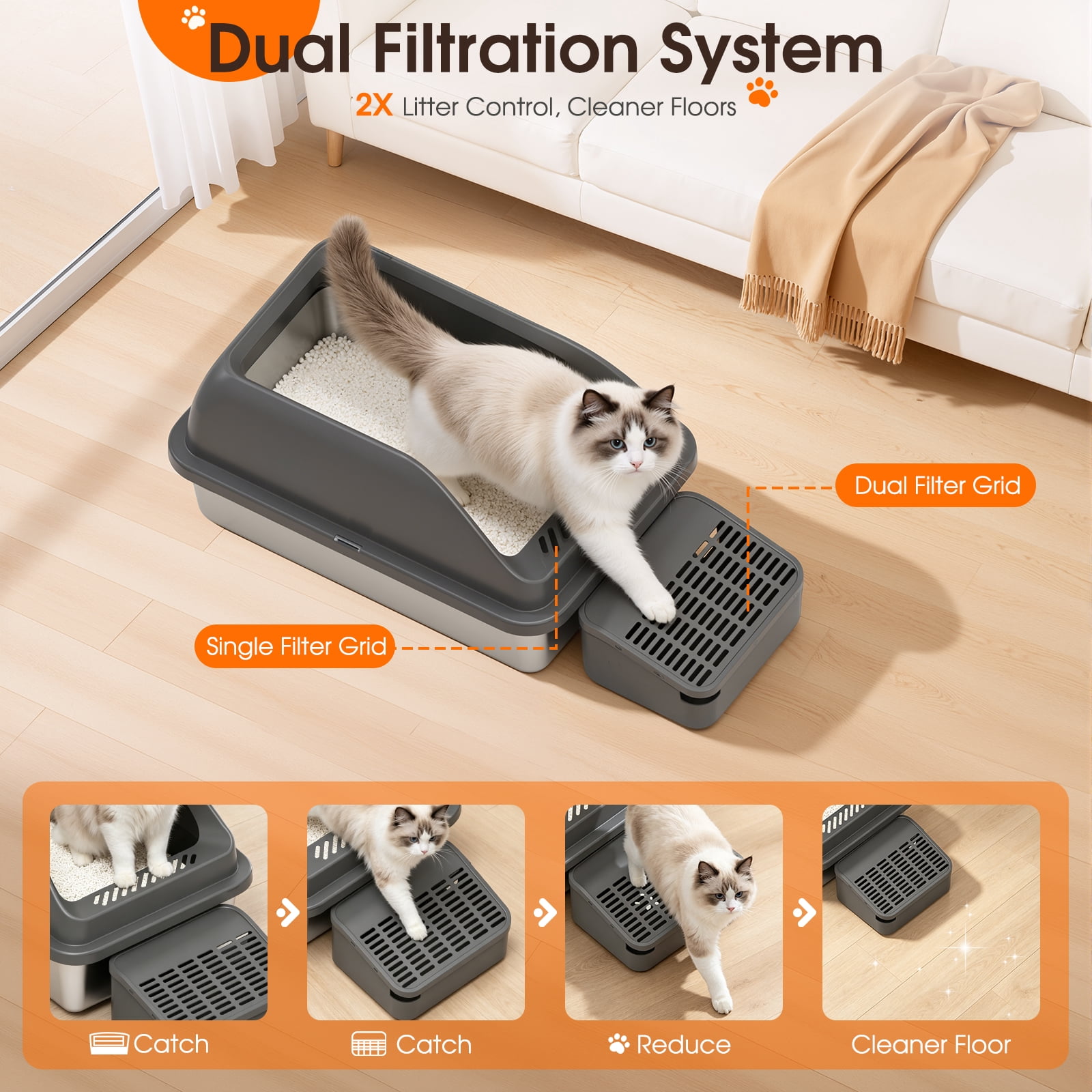 Euqvunn Stainless Steel Litter Box XL for Large Cats, Metal Cat Litter Box with Lid and High Sides, Leakproof, Non Stick, Easy to Clean, Scoop Included