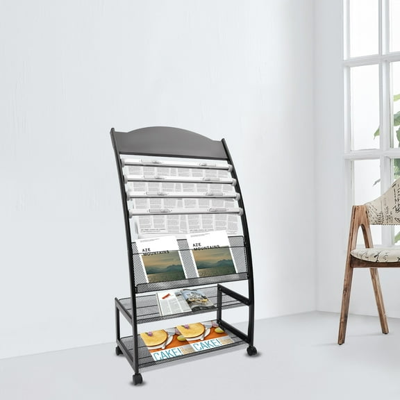 Modern Foldable Magazine Rack with 4 Wheels, Iron Frame and Aluminum Alloy Clips, Perfect for Displaying Newspapers, Brochures, and Magazines