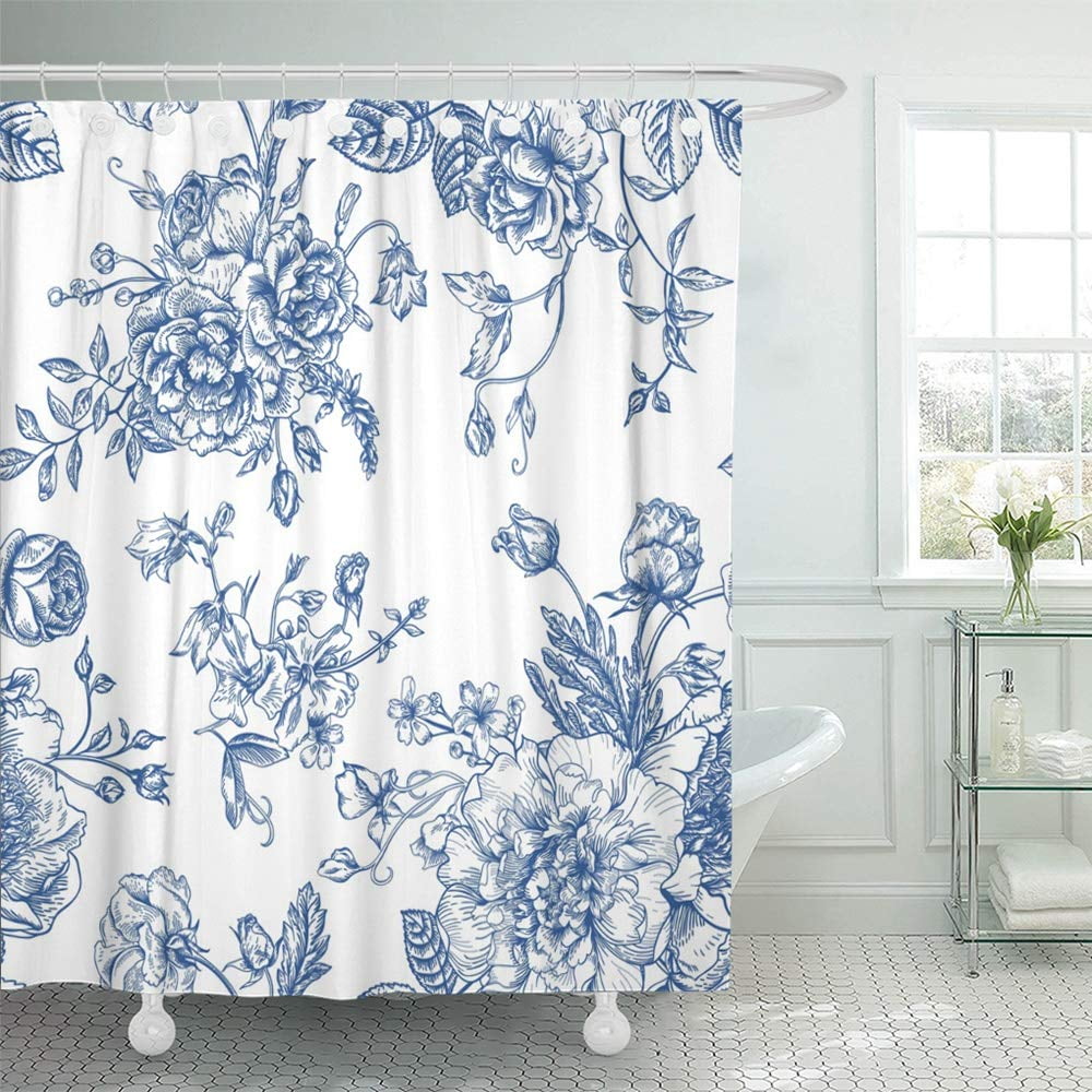 Details about   Vintage Watercolor Blue White Roses Flowers Shower Curtain Set Bathroom Decor LB 