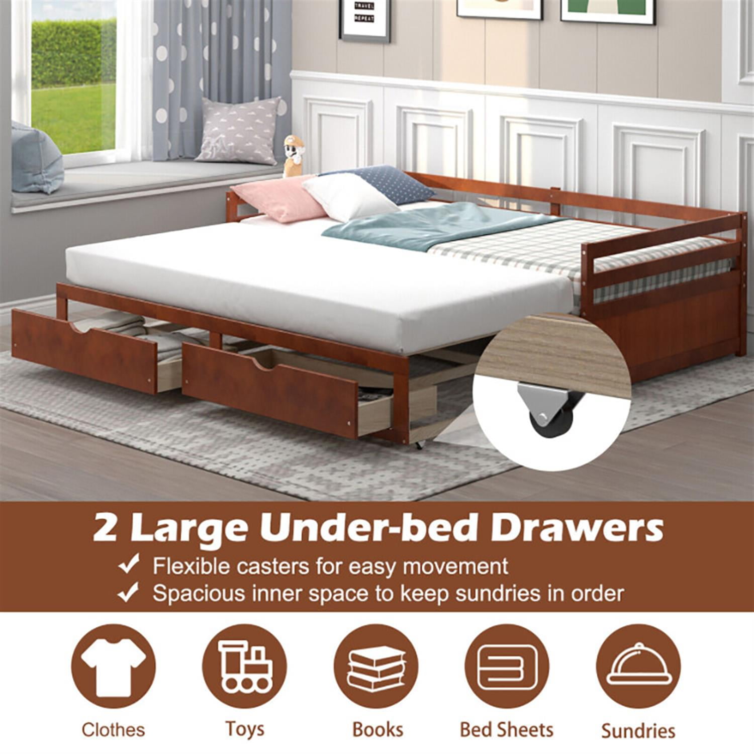 Demi Bonn Extendable Twin to King Daybed with Trundle and 2 Storage Drawers, Modern Bed Frame for Teens, Brown