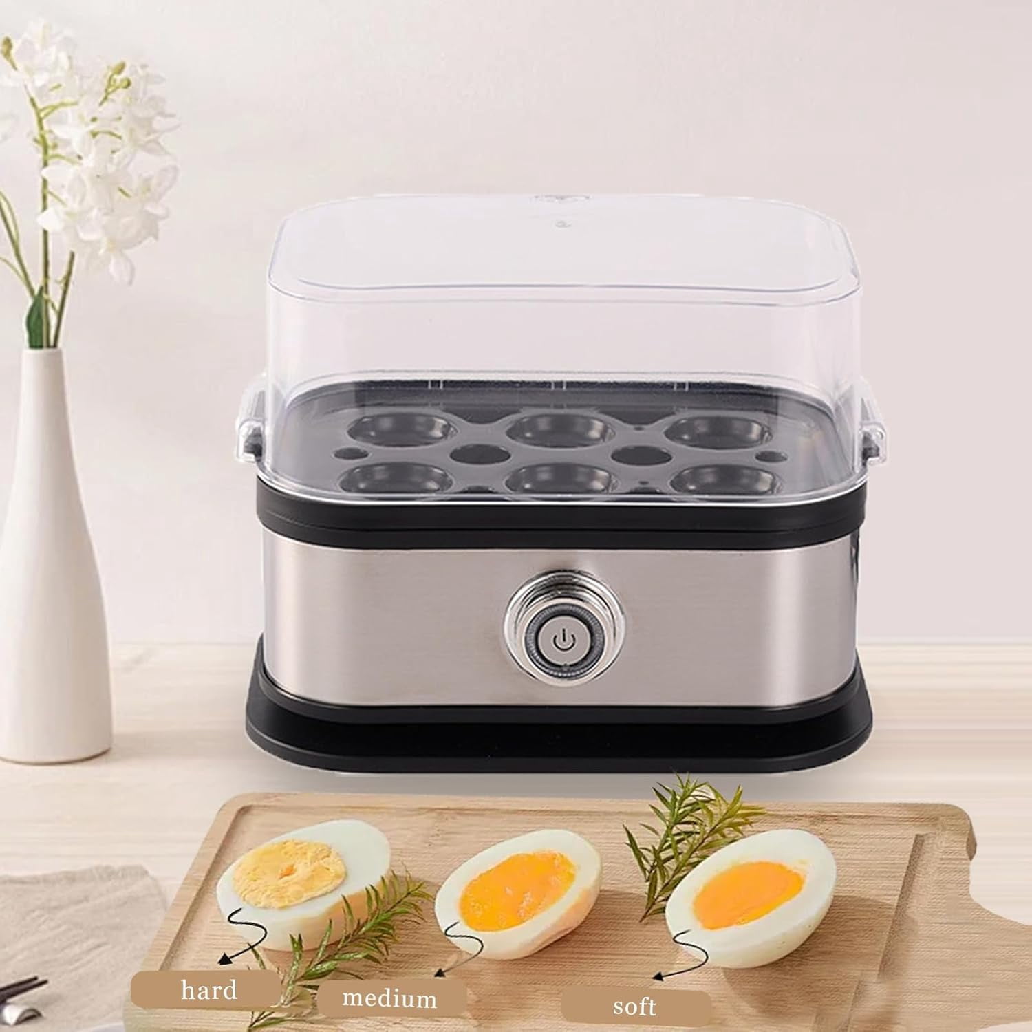 ABPETE Rapid Egg Cooker with Auto Shut Off,Hard Boiled Egg,Eggs 6, Ptc Heating,Stainless Steel Liner, Easy to Clean,for Home Kitchens/Offices/Travel (Black)