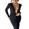 thumbnail image 3 of Robe Longue Moulante pour Femmes, Couleur Unie, Froncée, à Manches Longues, Robe de Soirée, Robe de Fête, 3 of 5