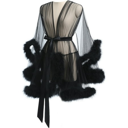 women luxurious trim long sleeve mesh kimono robe sheer nightgown lingerie
