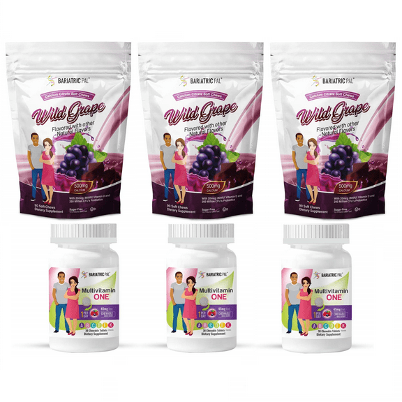 Duodenal Switch Vitamin Pack - Chewables Size: 3-Month Supply, BariatricPal Multivitamin ONE: Mixed Berry Chewable with 45mg Iron, BariatricPal Calcium Citrate Soft Chews: Wild Grape