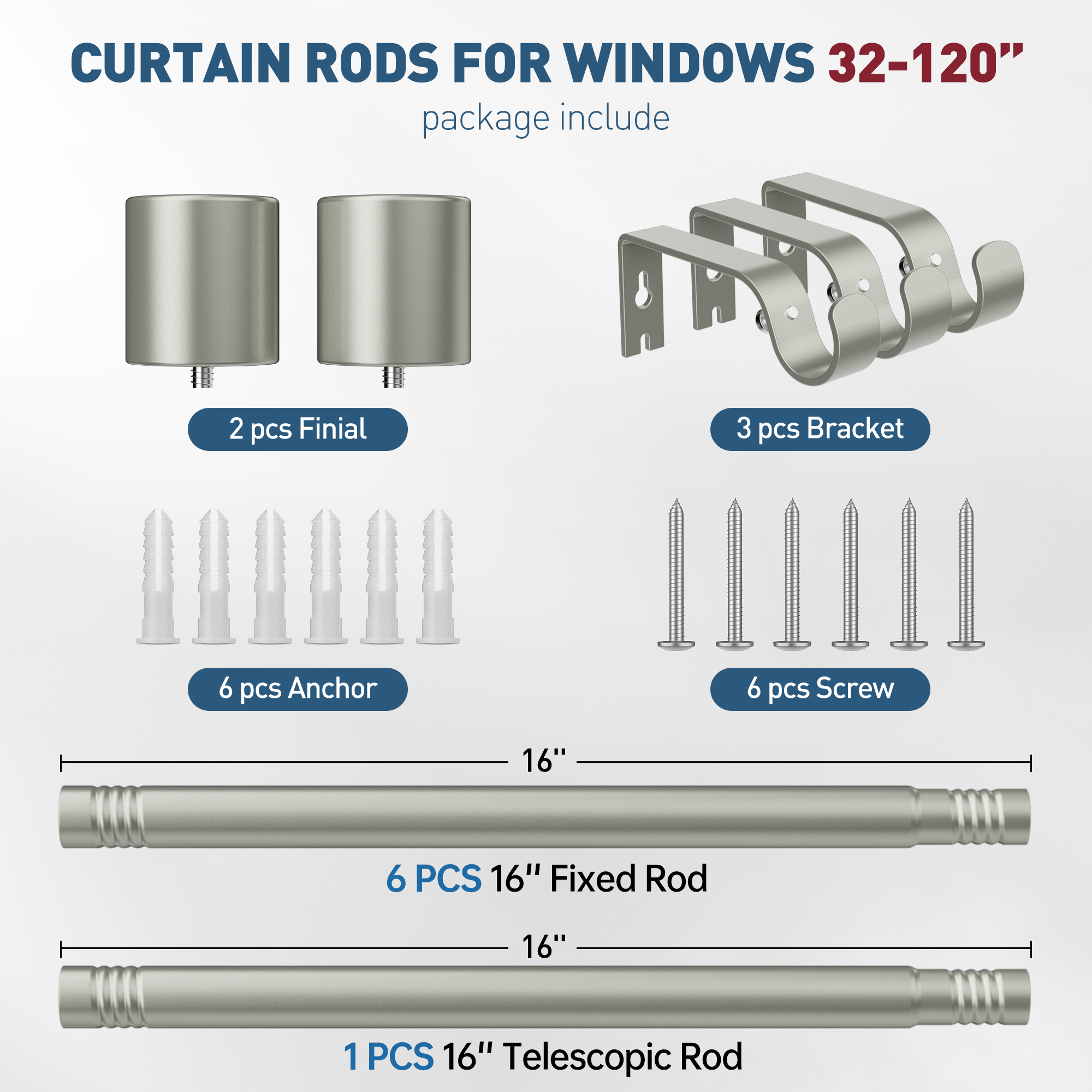 Curtain Rods for Windows 48 to 120 inches, Adjustable Length Curtain Rod with Metal Finials, 1 inch Diameter Heavy Duty Drapery Rod for Modern Decor Bedroom Kitchen Living Room