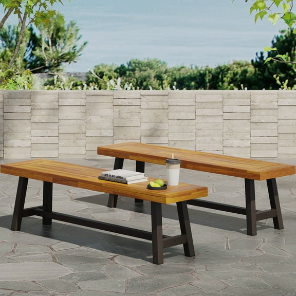 Outdoor Dining Bench (2), Rustic Brown Metal, Modern Industrial With Wood Paneling Of 2 Benches, Top