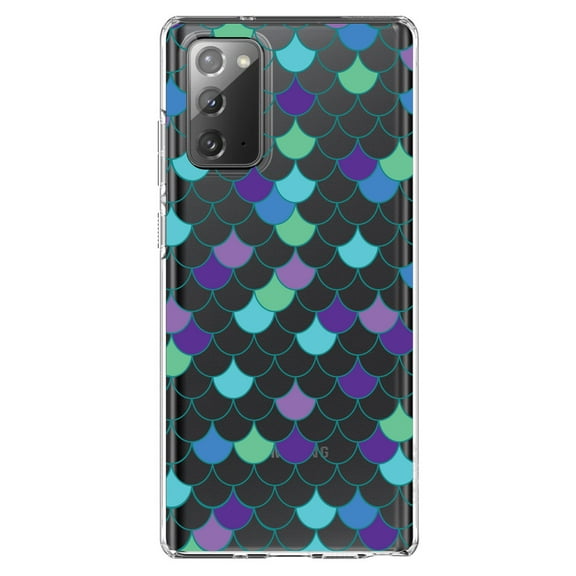 DistinctInk Clear Shockproof Hybrid Case for Samsung Galaxy Note 20 (6.7" Screen) - TPU Bumper, Acrylic Back, Tempered Glass Screen Protector - Mermaid Scales