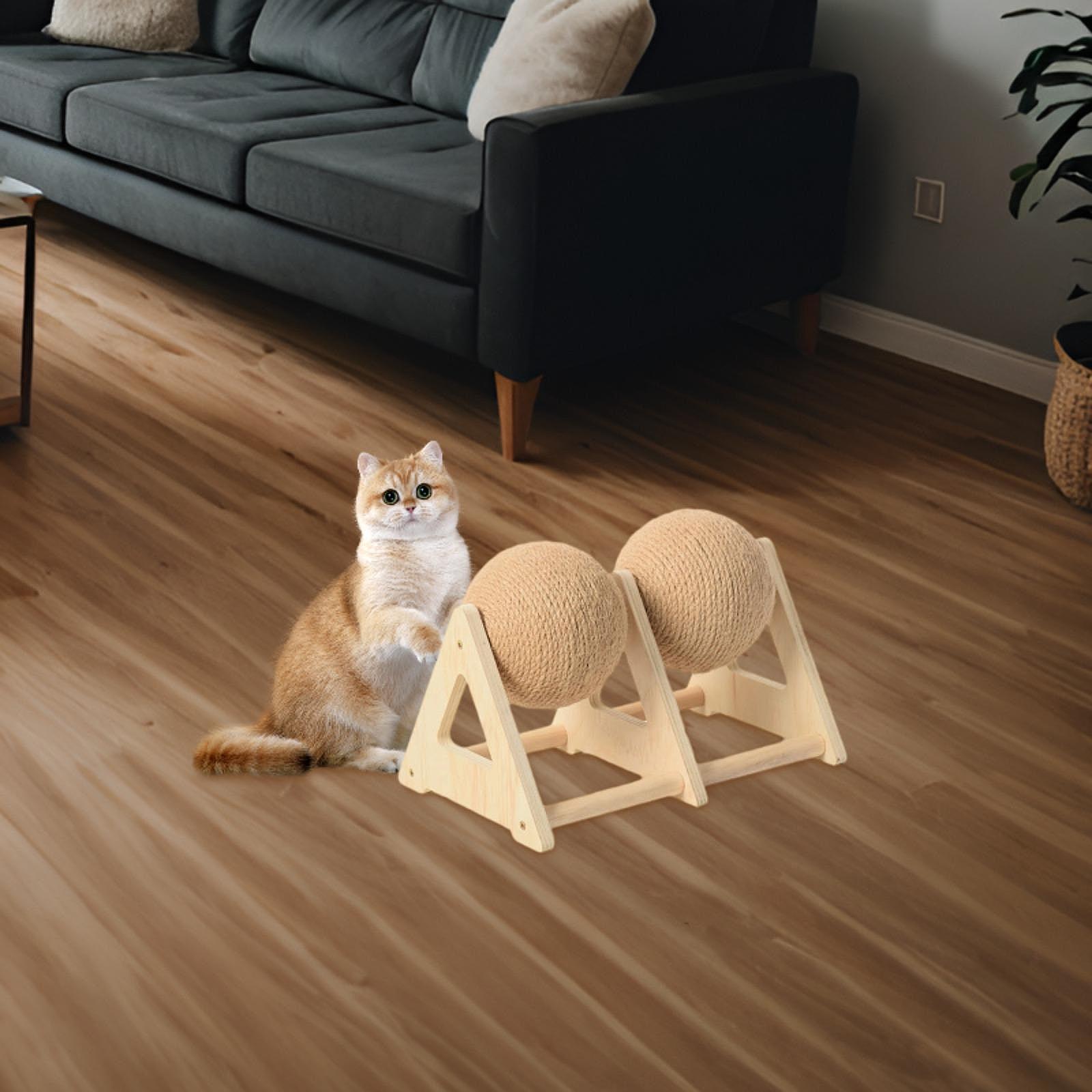 Cat Scratching Ball Sisal Rotatable Toy Wooden Triangle Stand Exercise Play for Indoor Cats Living Room