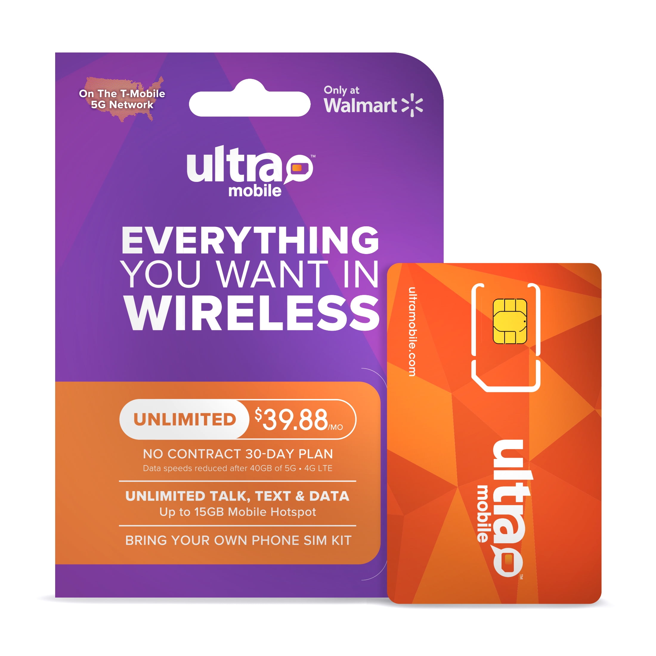 Ultra Mobile $39.88 Unlimited (40GB) and 15GB Hotspot 30 Day Prepaid Wireless Plan SIM Kit