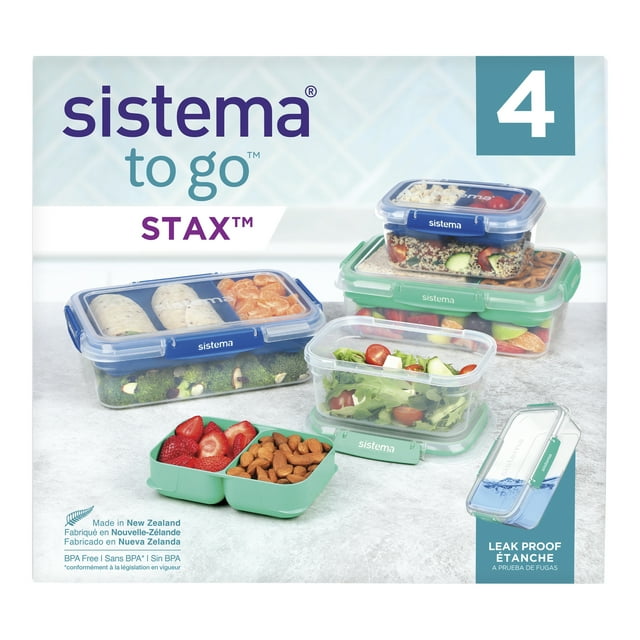 Set of four Sistema To Go Stax leakproof food storage containers including two 1-liter and two 2.2-liter sizes, featuring airtight lids with easy locking clips in blue and teal.