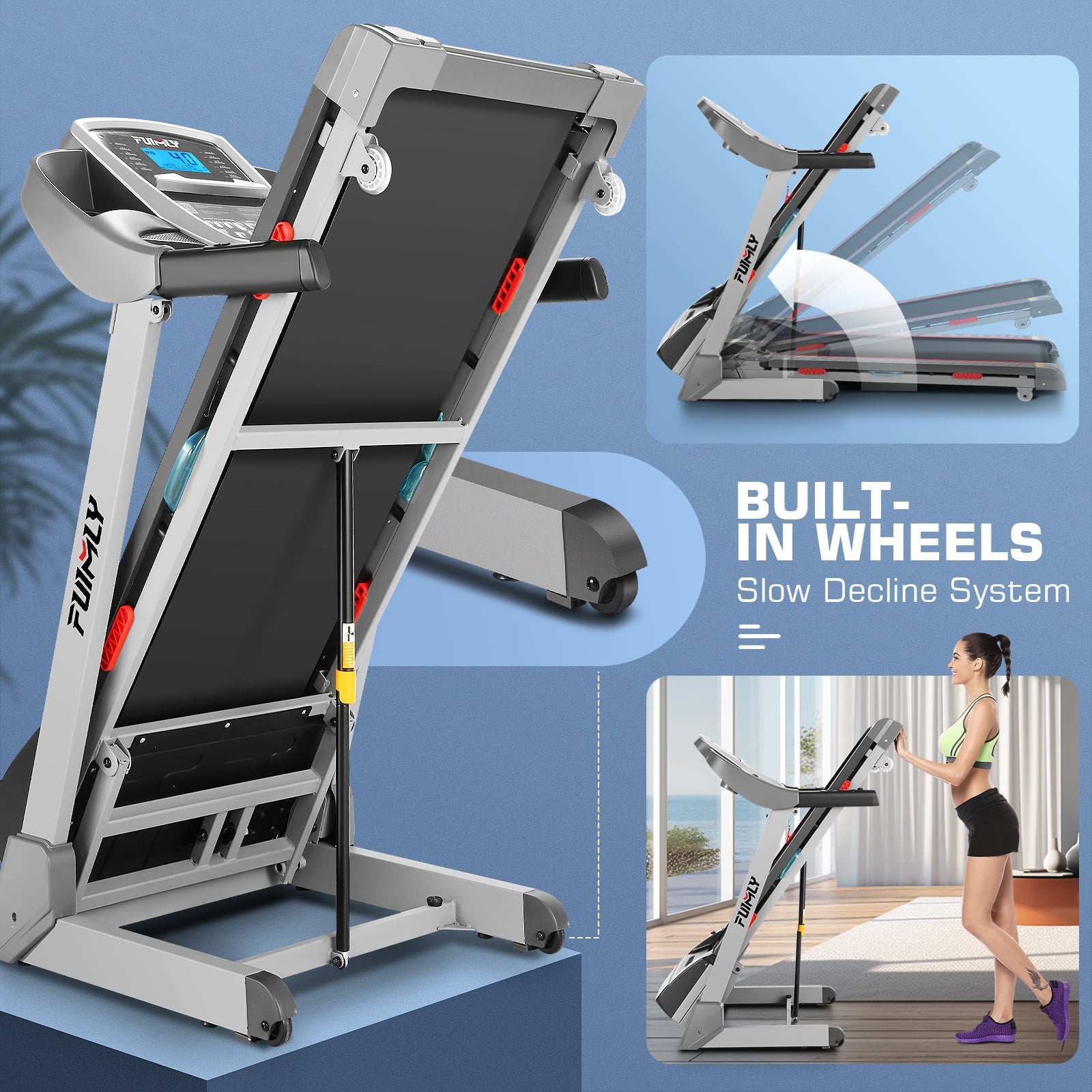 FUNMILY Folding Treadmill with 13% Auto Incline, 3.25HP Ultra-silent Motor, Speed Range of 0.6~9MPH,300lb Weight Capacity,Bluetooth Connectivity, Home&Office Fitness Equipment