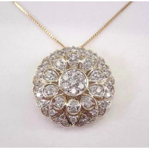 2Ct Round Cut Lab Created Diamond Cluster Pendant 14K Yellow Gold Plated Free Chain