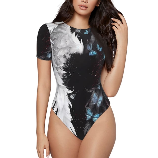 Balery Butterfly Angel Wings Art Body de cuello redondo de manga corta para mujer Tops de manga corta Tops básicos-Medium