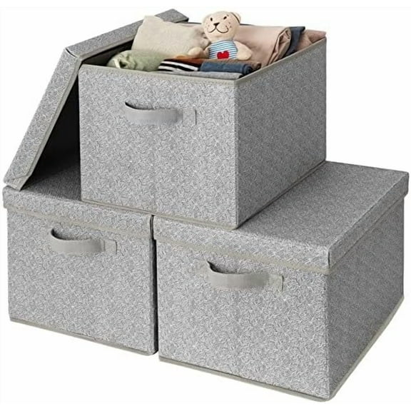 Fabric Boxes with Lids, Storage Bins with Handles, Shelf Bins for Organizing, Extra Large Storage Boxes for Linens Clothes, Decorative Storage Containers, Gray, 3-Pack