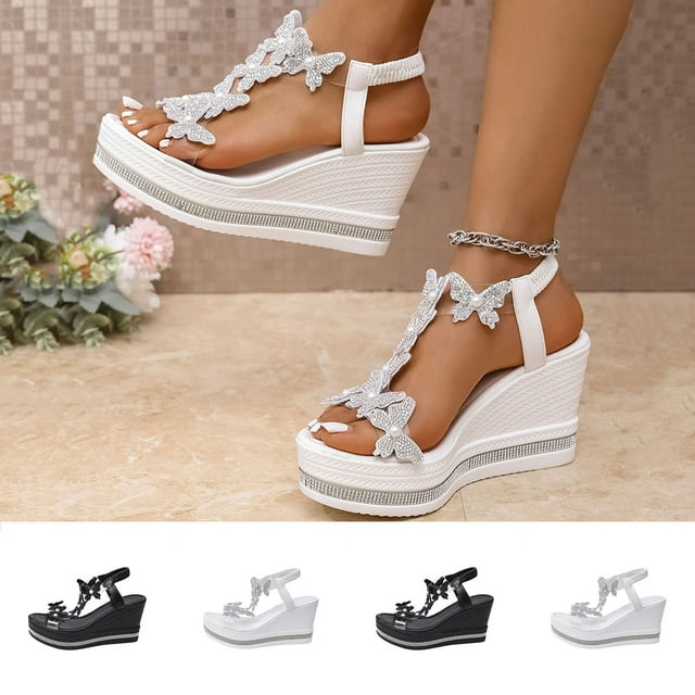Sandales pour Femmes Gspmoly, Sandales Compensées à Plateforme avec Strass pour Femmes - Chaussures Décontractées de Printemps à Semelle Épaisse avec Bride de Cheville Ajustable, Options Noir et Blanc, Taille 36-43, 1 Paire de Sandales pour Femmes