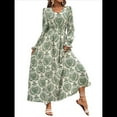 thumbnail image 3 of Vestido Informal de Otoño con Estampado Floral, Escote en V y Corte A para Mujer, Larga, Estilo Verde M, 3 of 9