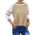 thumbnail image 3 of Women Stripe Splice Long Sleeve Crew Neck Shirt, 3 of 5