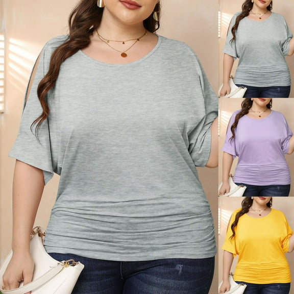 Olyvenn Fashion Plus Size Tops for Women Split Short Sleeve Ruched Tunic Blouse Casual Summer Loose Crewneck T-Shirts Gray 16